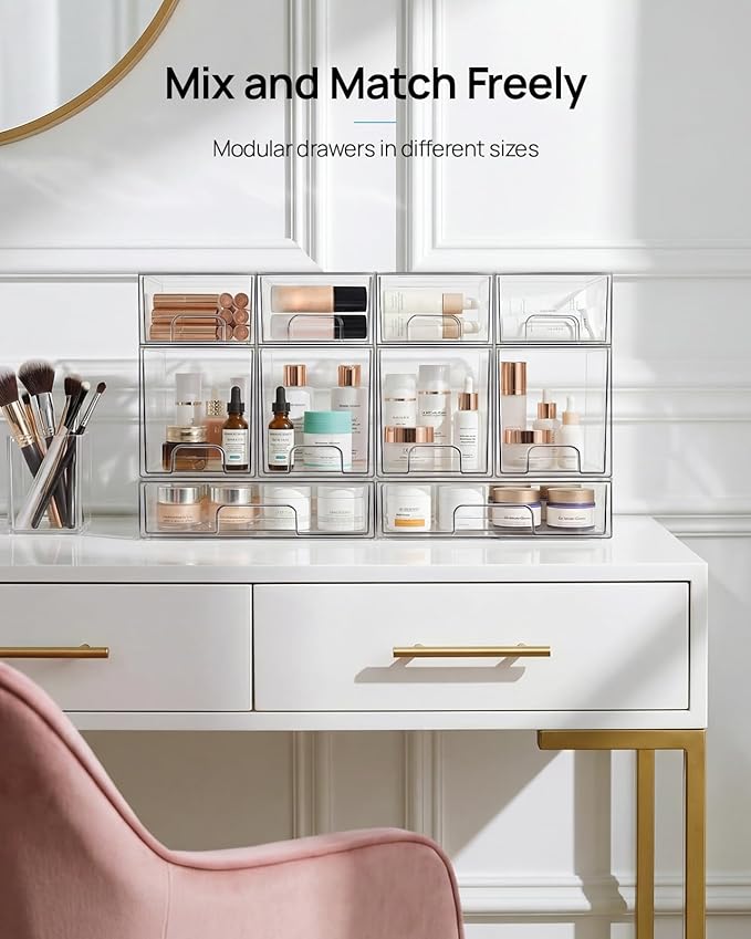Vtopmart 12 Pack Small Clear Stackable Storage Drawers,Acrylic Bathroom Makeup Organizer,Plastic Storage Bins For Vanity, Undersink, Kitchen Cabinets, Pantry, Home Organization