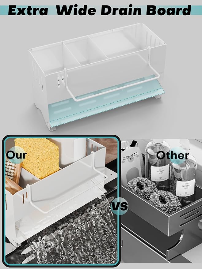 Kitchen Sink Caddy Organizer, Sponge Holder for Kitchen Sink with Upgraded Extra-Wide Drain Board, Efficient Drainage, Stainless Steel with Rust-Resistant Coating
