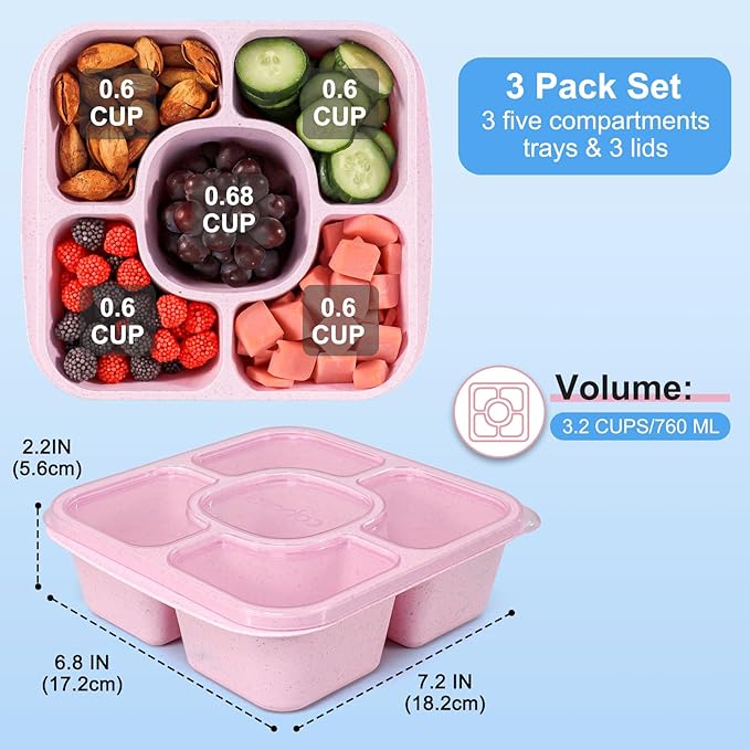 Caperci Original Snack Containers for Kids & Adults - Reusable Lunchable Container with 5 Compartment - BPA-Free Bento Snack Boxes for Food Storage & Meal Prep, Wheat Straw, Set of 3 (Brights)