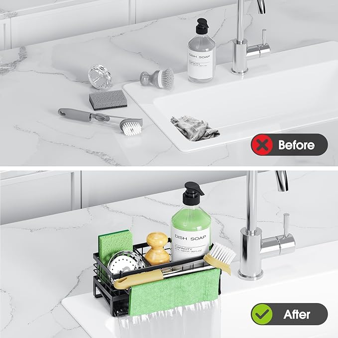 Self-Draining Kitchen Sink Caddy, Rustproof Non-Slip Metal Sponge Holder with Detachable Dish Cloth Holder (Black)