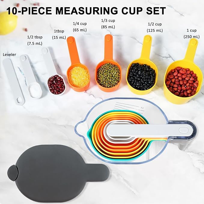 19 Pieces Measuring Cups and Spoons set, Includes 10 Stackable Measuring Cup with Lid and 9 Magnetic Measuring Spoons, Tablespoon for Liquid and Dry, BPA Free, Dishwasher Safe (Black)
