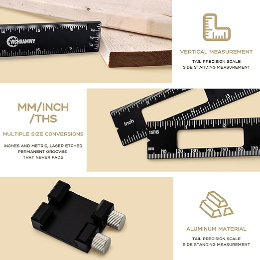 3PCS Black Metal Woodworking Ruler, Adjustable 6/8/12 Inch Precision Pocket Slide Ruler,Inch and Metric Measuring Ruler for Woodworker (Black)