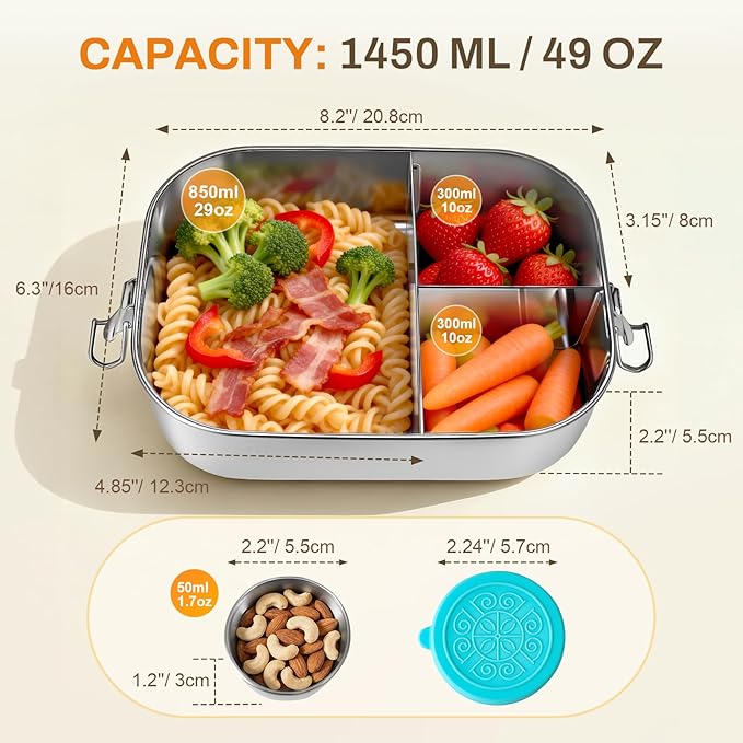 Anatole 304 Stainless Steel Bento Box 49oz 1450ml Leak-Proof Lunch Box 3 Compartments with 2 Removable Dividers 1 Sauce Container BPA Free Dishwasher Safe Food Container for Adults Work Travel