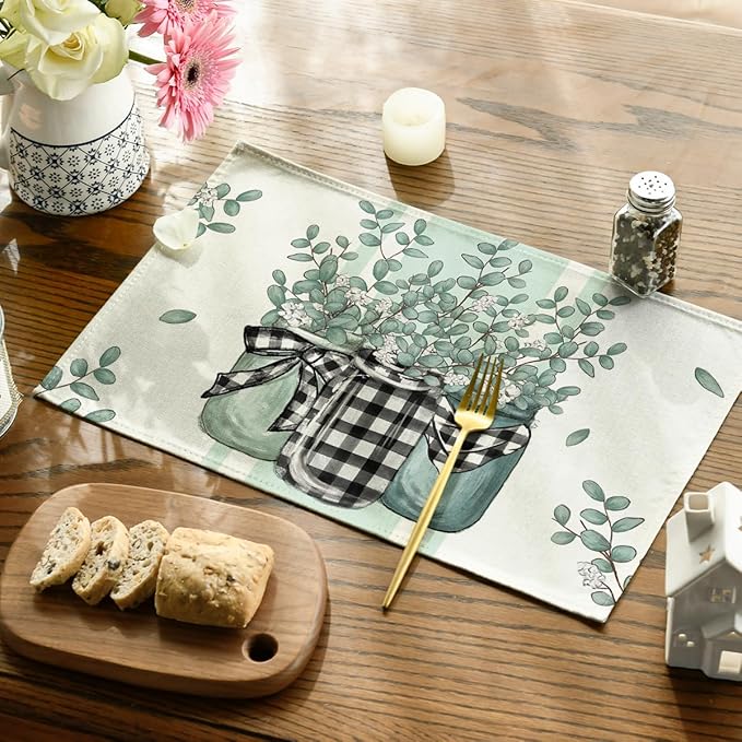 Artoid Mode Eucalyptus Buffalo Plaid Spring Placemats Set of 4, 12x18 Inch Vase Seasonal Table Mats for Party Kitchen Dining Decoration