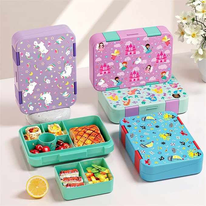 Bento Lunch Box for Kids, 6 Compartments BPA Free, Dishwasher Safe Back to School Snack Bento Lunch Containers Boxes, Ideal Portion Sizes for On-the-Go Meal, Ages 3+, School, Purple Patterned