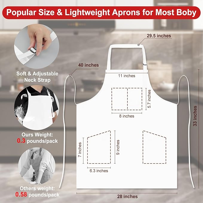 SHEOMERN 3 Pcs Dual Waterproof Oilproof Kitchen Chef Aprons with 4 Pockets for Men Women, Adjustable Soft Anti-Tear Cooking Bib Apron for Baking Grilling BBQ Painting Cleaning (White)