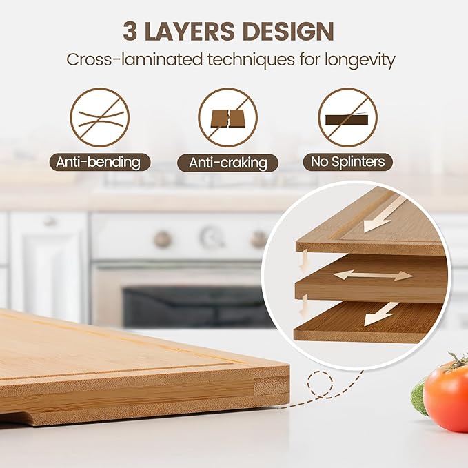 Kikcoin Bamboo Cutting Boards for Kitchen, 3XLarge Wood Cutting Board with Rotating Kickstand & Juice Groove, Wooden Chopping Board for Meats Veges Fruits, Heavy Duty Serving Tray, 24 x 18 inch