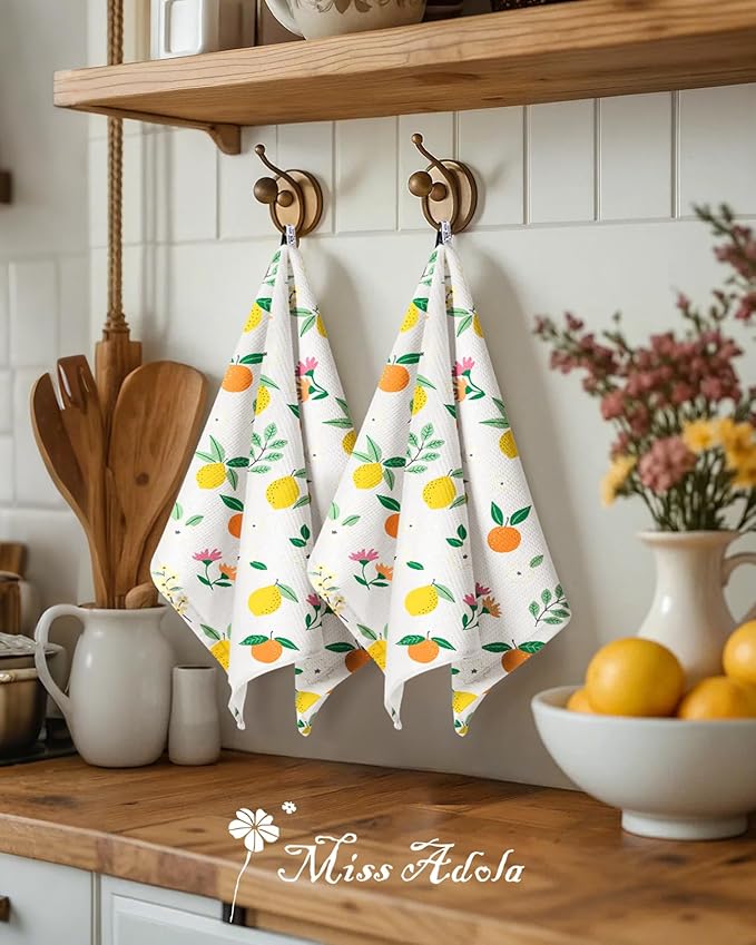 Miss Adola 2pcs Waffle Kitchen Towels - 16x26 Inch Cotton Waffle Weave Dish Cloths Set of 2 with Hanging Loop Absorbent Hand Tea Towels Fruits Design for Housewarming Gift, Citrus