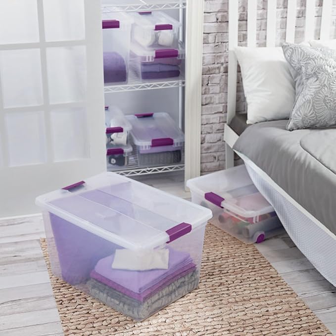 Sterilite 66 Qt ClearView Latch Storage Box, Stackable Bin with Latching Lid, Organize Clothes, Blankets, Items in Closet, Clear Base and Lid, 12-Pack