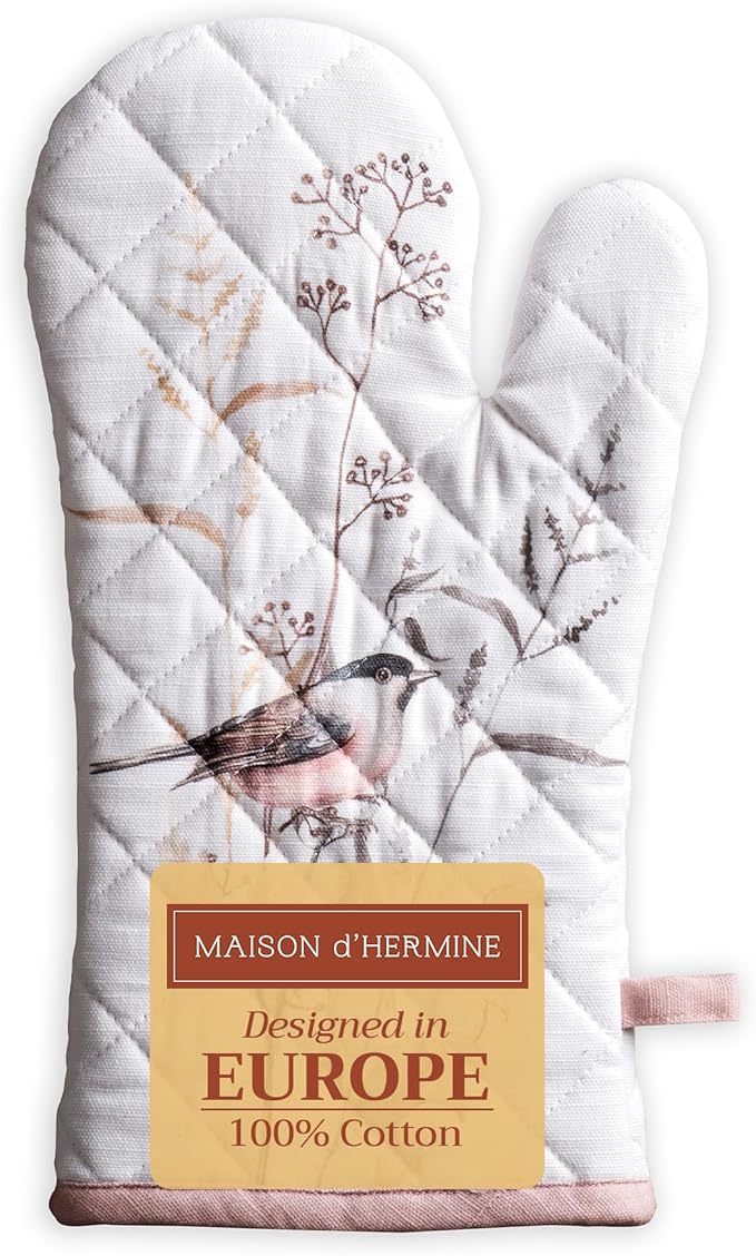 Maison d'Hermine Oven Gloves 100% Cotton Oven Mitt 7" x 13" with Loop Heat Resistant BBQ Cooking Gloves Baking Grilling Gifts for Mothers Day Spring/Summer (Pack of 1, Meadow Florals - Brown)