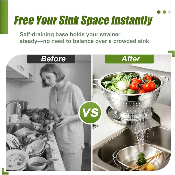 Palksky Stainless Steel Colander Set with Handles & Self-Draining Base, 3 Sizes (7”, 9”, 11”), Heavy Duty Pasta Strainer, Rice & Vegetable Strainer, Countertop Draining System