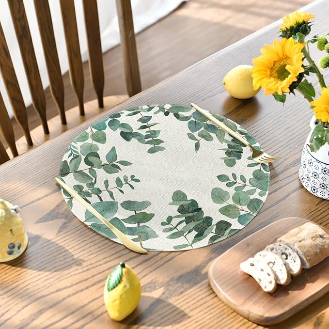 Artoid Mode Eucalyptus Leaves Summer Round Placemats Set of 4, 14 Inch Summer Round Table Mats for Dining Decoration