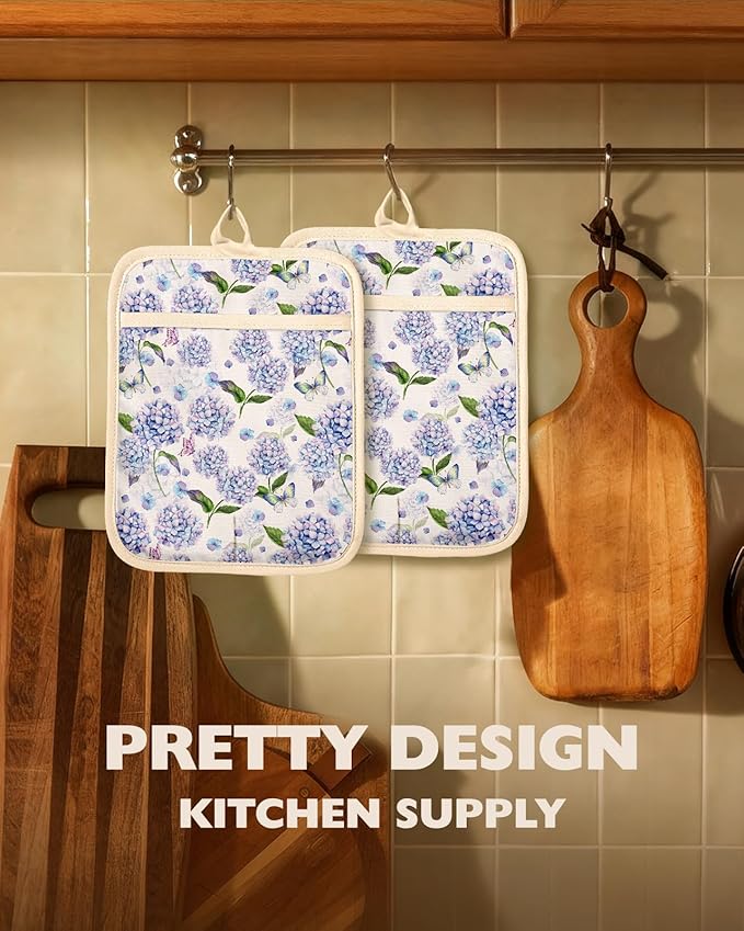 Slohif Silcone Flower Pot Holders for Kitchen - 100% Cotton Beige Blue Cute Oven Potholders with Pockets, Heat Resistant Square Thick Hot Pads, House New Home Baking Baker Gifts,2pack