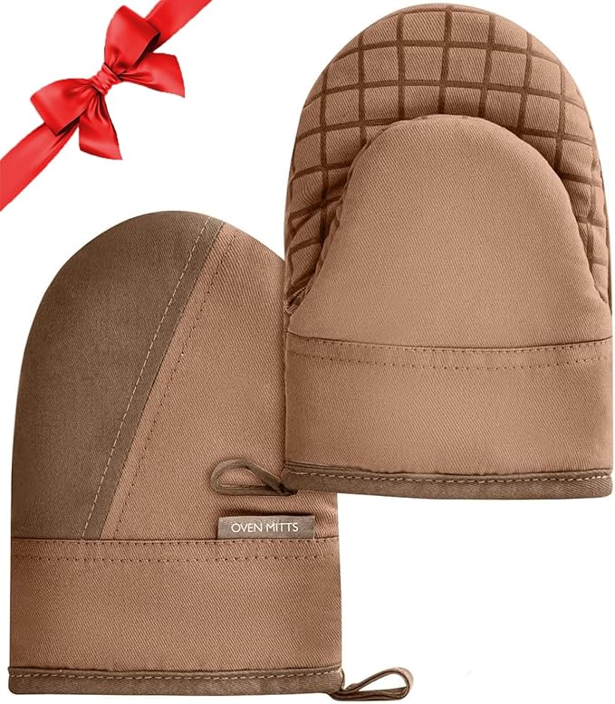Mini Oven Mitts, Kitchen Oven Gloves Kitchen Mittens 500 Degrees Heat Resistant Baking Gloves, Non-Slip Silicone Surface with Hanging Loops Hot Gloves for Cooking, Baking, BBQ 1 Pair-Brown