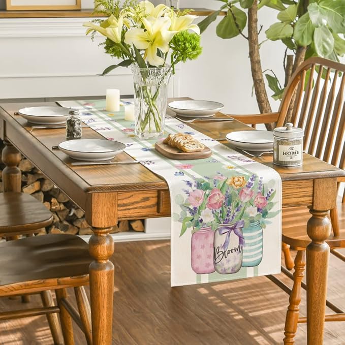 Artoid Mode Vase Bloom Tulip Lavender Summer Table Runner, Seasonal Spring Kitchen Dining Table Decoration for Home Party Decor 13x48 Inch
