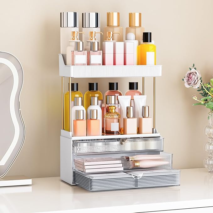 caktraie 12.2" W Makeup Organizer Drawers - 5 Tiers Bathroom Counter Organizer, Cosmetic Storage Drawer for Dresser Countertop and Bathroom Vanity for Large Skincare, Perfume, Clear