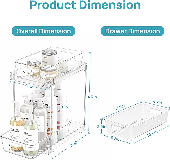 Vtopmart 4 Pack Higher Bathroom Organizer, 2 Tier White Under Sink Organizers Vanity Countertop Storage Container,Cabinet Drawers Bins, Pull-Out Organization with Track for Pantry, Kitchen