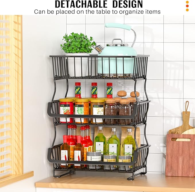 Gsiekare 3-Tier Rolling Pantry Organizer and Storage Cart with Wheels – Stackable Wire Snack Cart for Kitchen, Pantry Shelves and Storage Rack for Fruit, Vegetables, Onion, Potato (1 Pack)