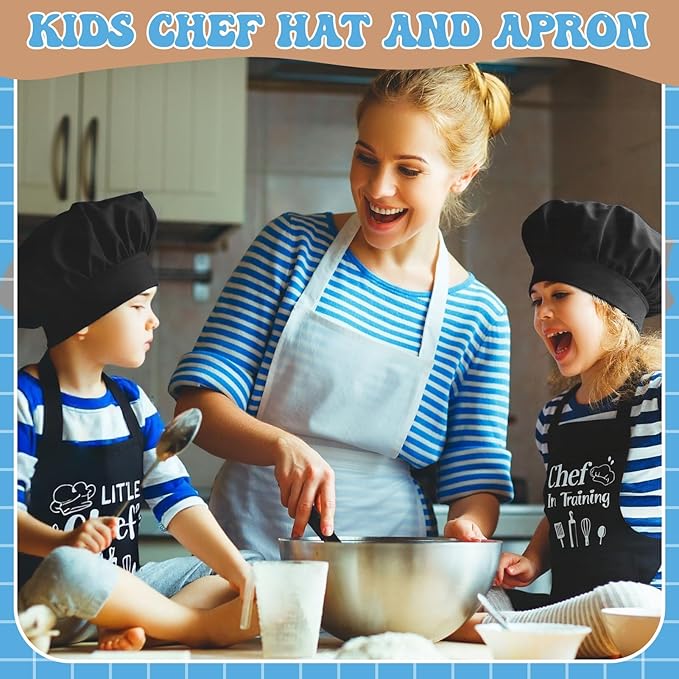 2 Pack Kids Apron and Chef Hat Adjustable Kitchen Cooking Apron with Pockets Kids Funny Apron for Girls Boys