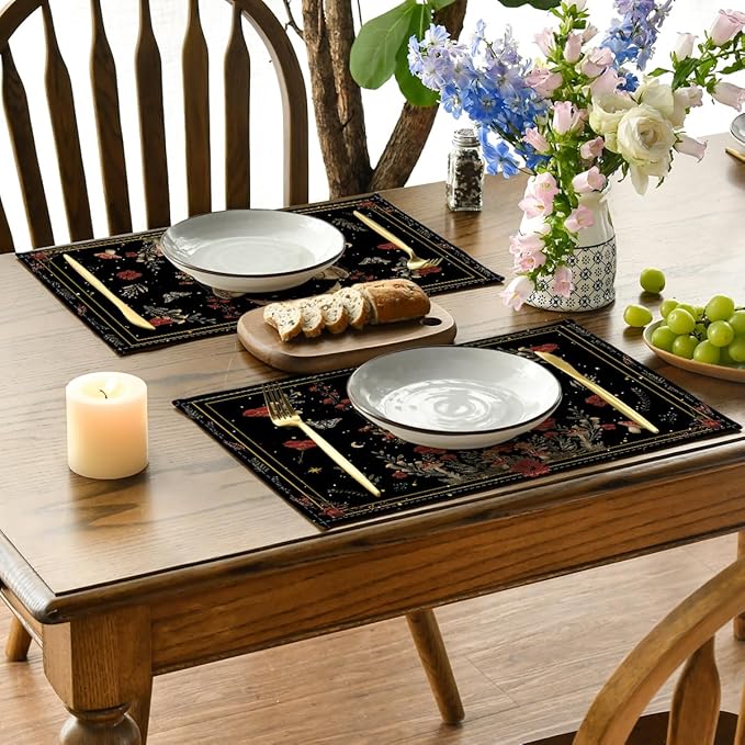 Artoid Mode Black Poppy Moth Moon Placemats Set of 4, 12x18 Inch Floral Spring Table Mats for Outdoor Home Party Kitchen Dining Decor