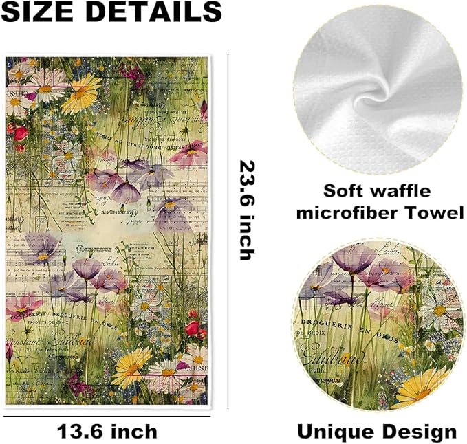 ZHAMEN 3 Pcs Watercolor Design Kitchen Towels, Colorful Flower Decorative Absorbent Microfiber Dish Cloth Tea Towel, Vintage Waffle Soft Hand Towels for Farmhouse Home Bathroom, Housewarming Gifts