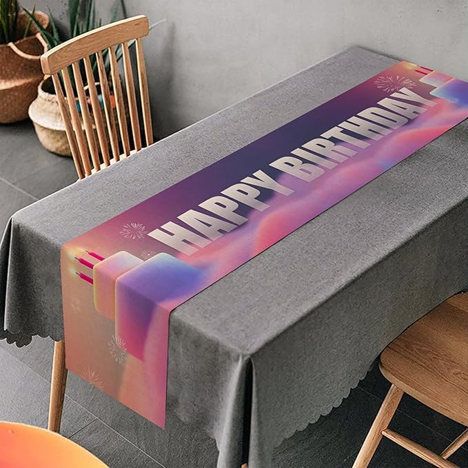 Happy Birthday Table Runner 13x72 Inch Birthday Cake Fireworks Clouds Farmhouse Polyester Linen Table Decoration for Kitchen Dinning, Indoor Outdoor Home Dinner Party (Pink)