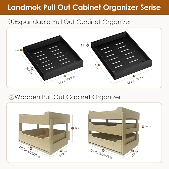 1 Pack Expandable Pull Out Cabinet Organizer 16.5" Deep, Adjustable Width 12.6"-20.5", No Drill Adhesive with Triple Track Rails, Heavy Duty Slide Out Drawers for Kitchen,Pantry,Cabinets,Black