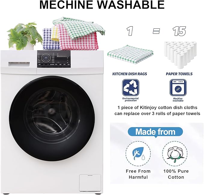 Kitinjoy Cotton 12 Pack Terry Kitchen Dish Cloths, 12 x 12 Inches Super Soft and Absorbent Dish Rags, Quick Drying Dish Towels for Washing Dishes, Green
