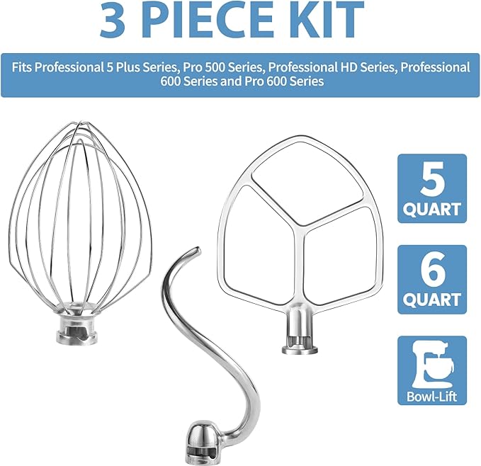 Stainless Steel 3 Piece kit Attachments，Dough Hook 6 Wire Whisk Flat Beater Compatible with KitchenAid 5 Plus -6QT Mixer，Bowl Lift Stand Mixer Accessory，Rust Resistant，Dishwasher Safe