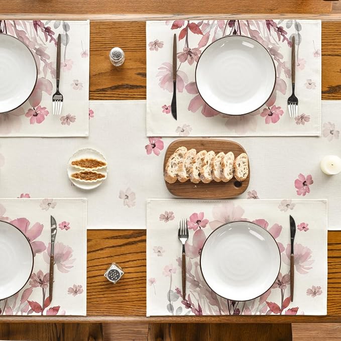 Artoid Mode Pink Florals Poppy Spring Placemats Set of 4, 12x18 Inch Seasonal Summer Holiday Table Mats for Party Kitchen Dining Decoration