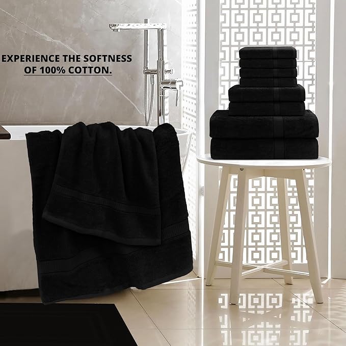 GOLD TEXTILES Premium Bath Towels Set (Pack of 4,27 x 54) 100% Ring-Spun Cotton Bathroom Towels for Hotel, Spa, Soft and Absorbent (27 x 54, Black - 4 Pcs)