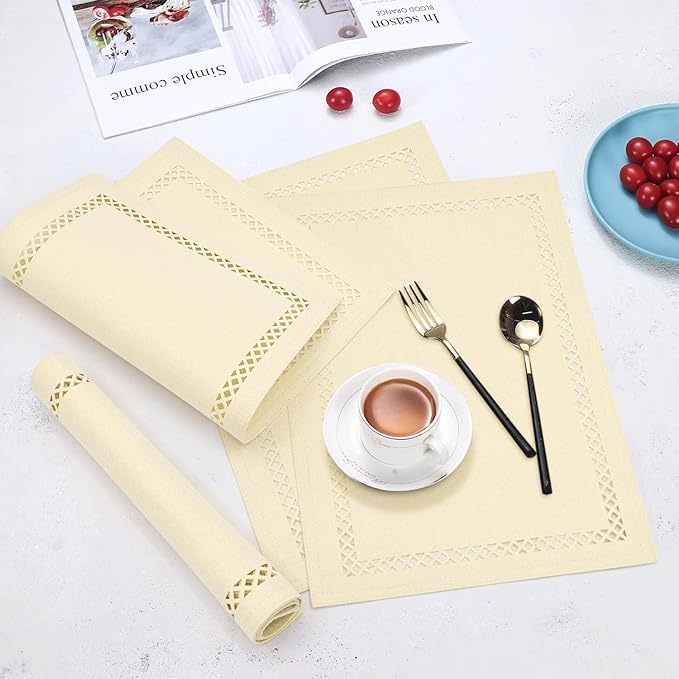 Linen Cloth Placemats Set of 4, HADEEONG 12 x 18 Inch Hollow Edge Place Mats Washable Heat Resistant Placemats Cloth Table Mats for Dining Table Home Decor (Beige, 4)