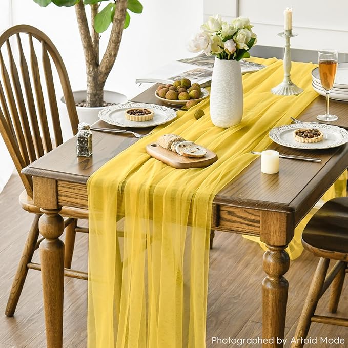 Artoid Mode 3PCS Yellow Gauze Table Runner 120 Inch 10FT, Seasonal Sheer Kitchen Dining Holiday Wedding Birthday Baby Shower Table Decor for Home Party