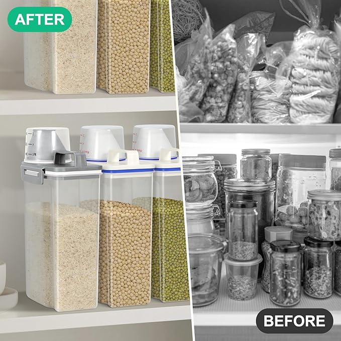 TBMax Rice Storage Container 2 Pack, Plastic Kitchen Pantry Food Storage Container with Cup, Small Pet Dog Cat Food Container Dispenser-Grey