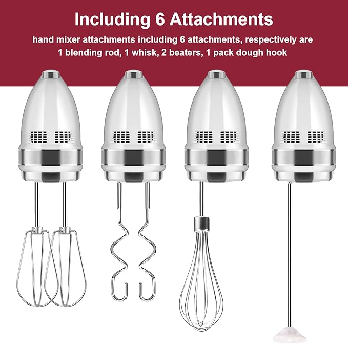 Hand Mixer Attachments Beater, Whisk, Blending Rod and Dough Hooks, Stainless Steel Hand Mixer Accessories Compatible with Kitchenaid Hand Mixers KHM3 KHM5 KHM7 KHM9, Set of 6