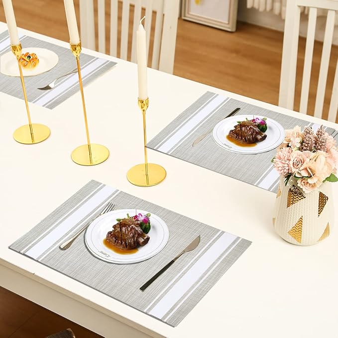 DACHUI Placemats Set of 4, Soft & Elegant Woven Vinyl Place Mats, Water Resistant, Heat Resistant, Washable, Durable Table Mats (White Stripes)