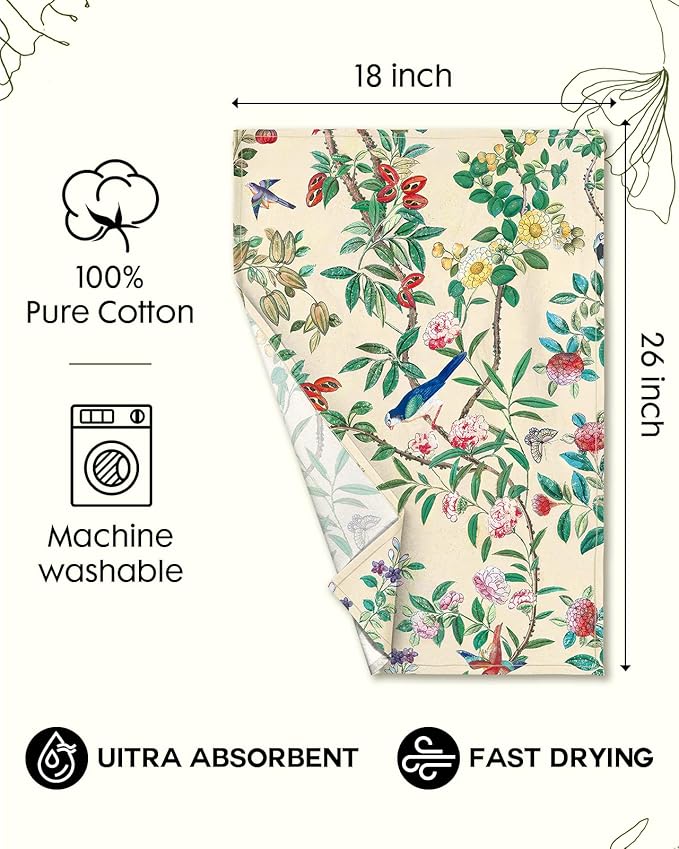 Miss Adola Flour Sack Kitchen Towels - Set of 2 Spring Dish Towels with Hanging Loop 18x26 Inch Absorbent Reusable Cotton Cloths for Cleaning Cute Design Home Decorative Housewarming, Leaf Flower Bird