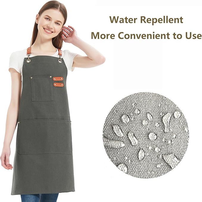 AFUN Chef Aprons for Women Men with Oversized Pockets, 12-Ounce Cotton Canvas Cross Back Water Repellent Apron (Grey)