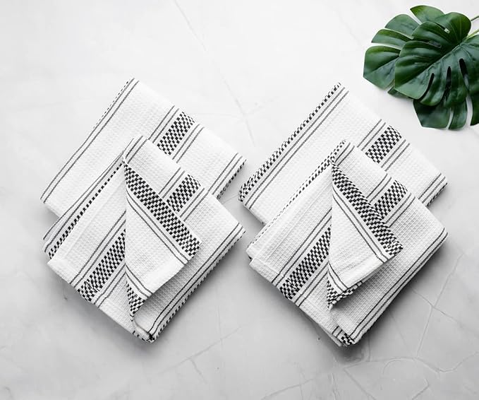 Black Kitchen Towels Set of 6, 100% Cotton Dish Towels, Striped Hand Towel, French Dish Cloths for Washing Dishes, Farmhouse Tea Towels, Absorbent Dish Towel with Hanging Loop, 18 x 28 [Black/White]
