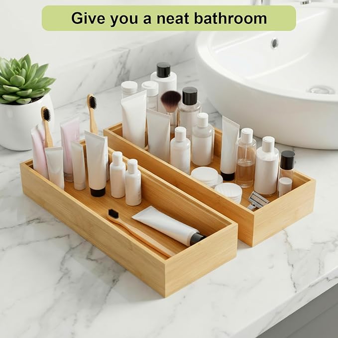 2 Pack Kitchen Drawer Organizers, 14" x 5.9" x 2" Stackable Bamboo Silverware Drawer Organizer, Bamboo Utensil Organizer for Bathroom, Dressing Room, Office, Pantry (Natural)