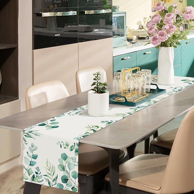 Bonhause Eucalyptus Leaves Table Runner 13x90 Inch Green Leaf Plants Spring Summer Seasonal Holiday Kitchen Dining Table Decoration for Indoor Outdoor Home Party Decor