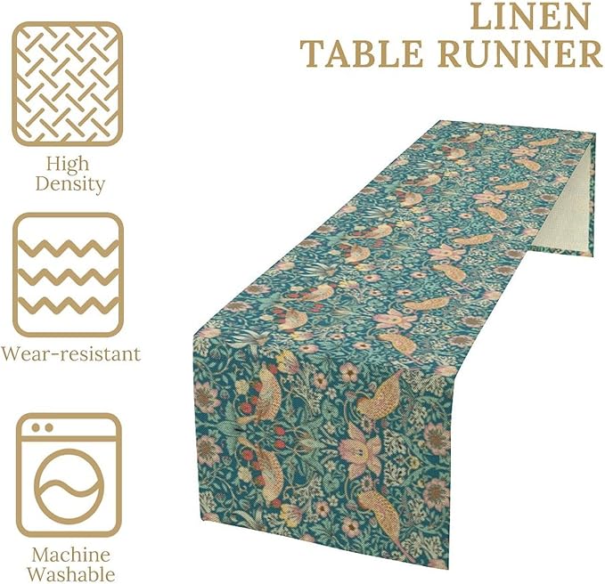 William Morris Floral Table Runner Strawberry Thief Vintage Flower Art Printed Dinner Runner for Home Kitchen Dining Table Living Room Decor Fabric 1 Panel W13xL70in