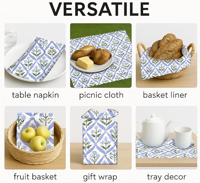 Ridhi Light Steel Blue Hand Block Print 100% Cotton Napkins 18" x 18" (Set of 4) Reuseable Kitchen Napkins Cloth Decor Dinner Party Wedding Cocktail Gift for Spring, Easter, Valentine