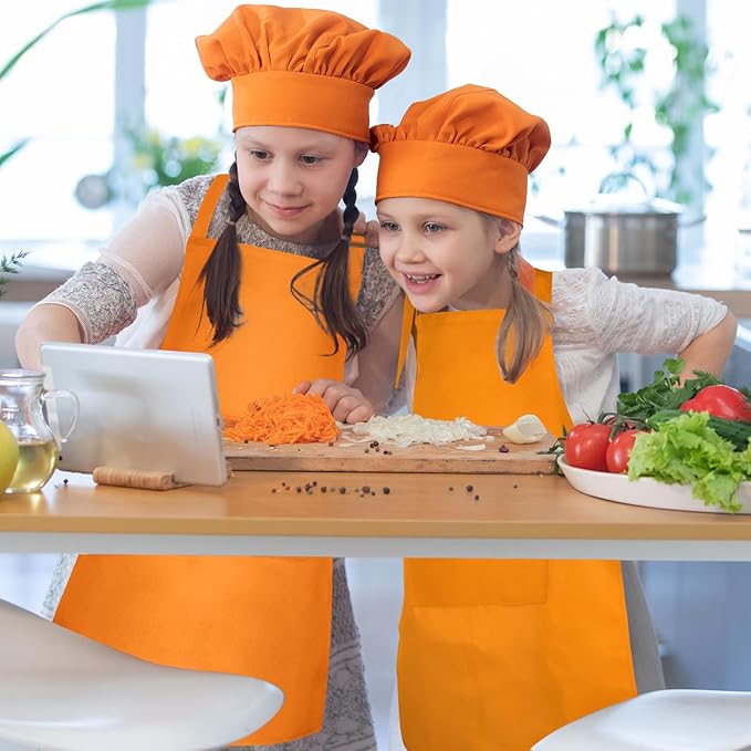 Kids Apron and Chef Hat Set Children Apron Adjustable with 2 Pockets Children Chef Painting for Cooking Baking