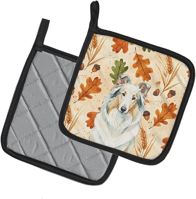 Caroline's Treasures White Collie Heirloom Fall Pair of Pot Holders Pair 7.5x7.5 Quilted Insulated Hot Pads Decorative Kitchen Gift Made in USA