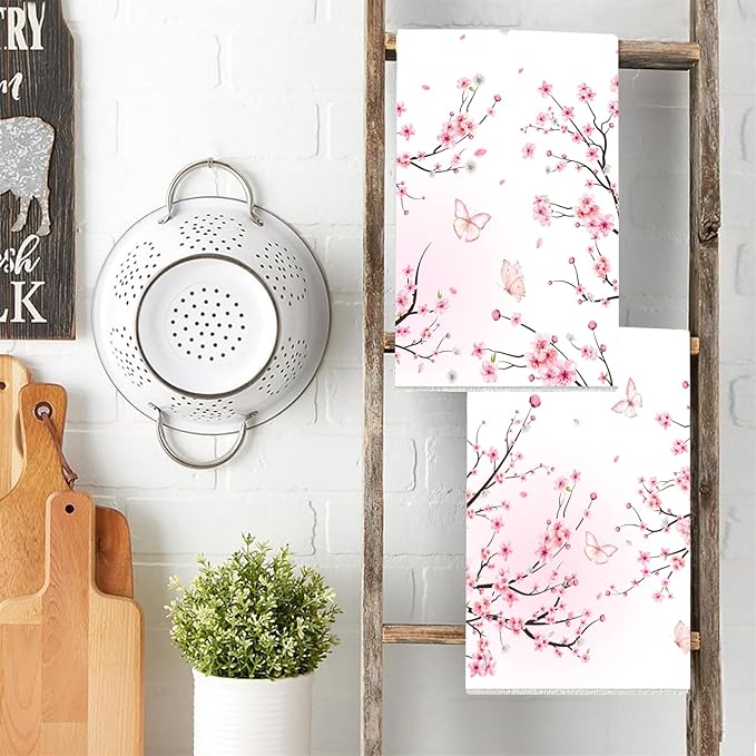 Cherry Blossom Pink Butterfly Kitchen Towel 2 Pcs Decorative Hand Towel Absorbent Dishcloth 16”X 24”