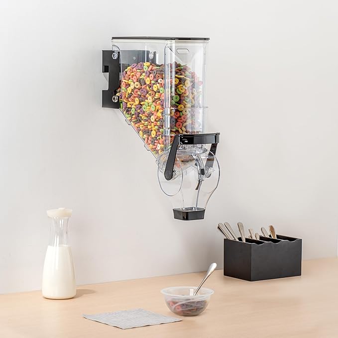 Restaurantware Cereal Dispenser 3.5 gal Plastic Wall-Mounted Gravity Bin Candy Dispenser Self-Serve Black Dry Food with Wall Mount Brackets for Breakfast Buffet or Hotel Use