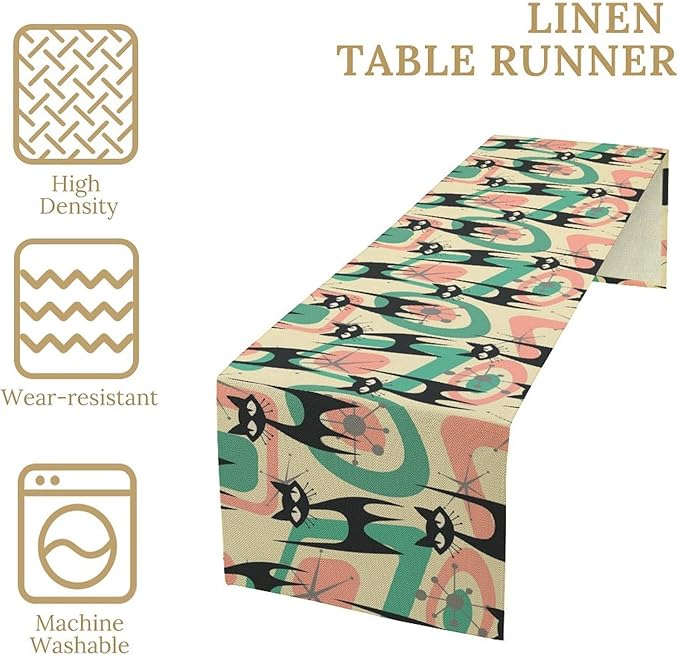 Mid Century Table Runner Black Cat Abstract Geometric Retro Art Printed Dinner Runner for Home Kitchen Dining Table Decor Fabric 1 Panel W13xL36in
