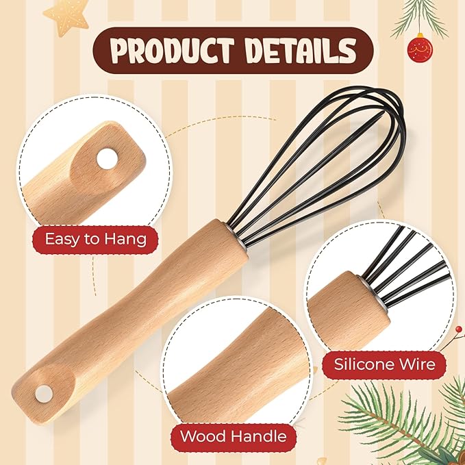Baderke 20 Sets Baking Gifts Set Includes 8 Inch Silicone Whisk with Wood Handle Wired Stainless Steel Whisk Set Greeting Cards Plastic Bags for Party Birthday Christmas Stuffers Gift(Black)
