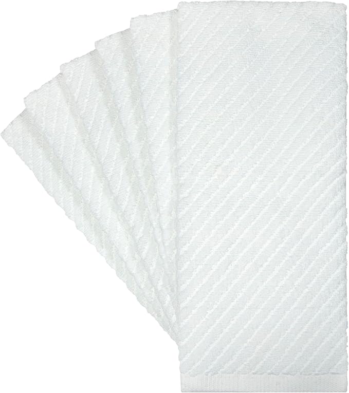 Premium Kitchen Towels (16”x 25”, 6 Pack) | Large Cotton Kitchen Hand Towels | Dish Towels | Diagonal Weave Design | 445 GSM Highly Absorbent Tea Towels Set with Hanging Loop | White